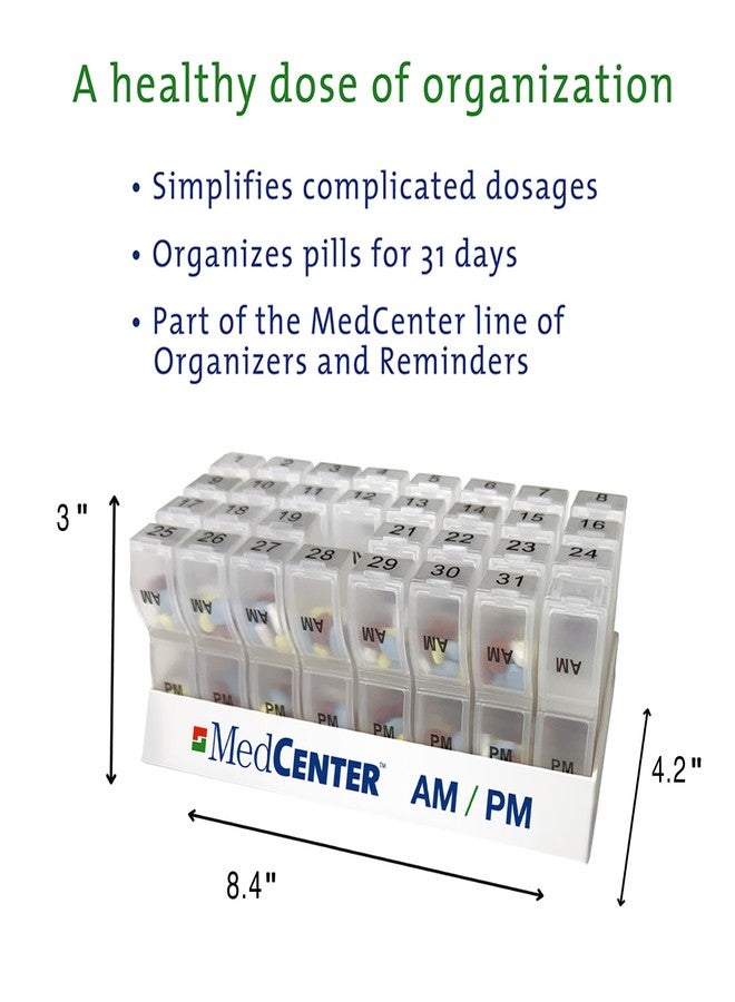 ميدسينتر منظم حبوب MedCenter AM/PM HSA/FSA - علبة حبوب شهرية لمدة 31 يومًا مع قسمين يوميين (صباحًا ومساءً)، أغطية سهلة الفتح، علبة حبوب إضافية وملقط - منظم أدوية للفيتامينات والوصفات الطبية - Image 2